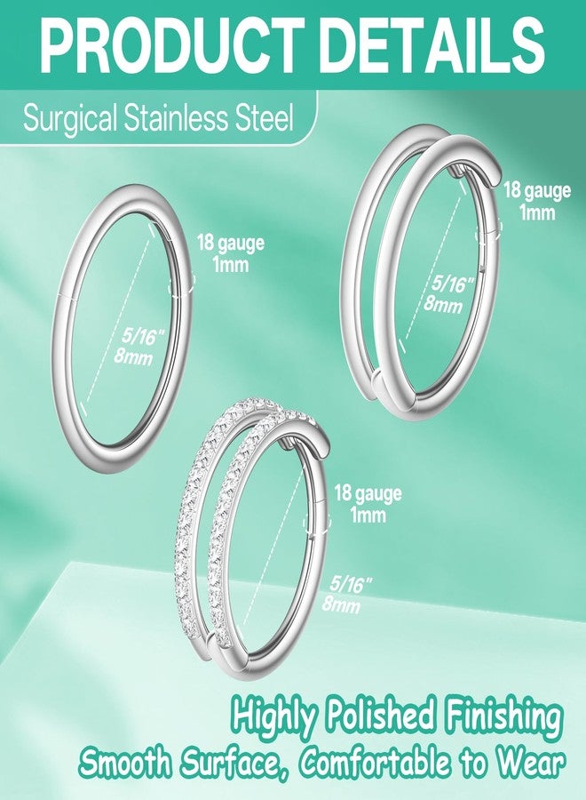 davka 3pcs Silver Nose Rings Hoops - Double Hoop Nose Ring 18G Hinged CZ Piercing Jewelry Septum Clicker Rings Cartilage Earring Rook Tragus Daith - Image 2